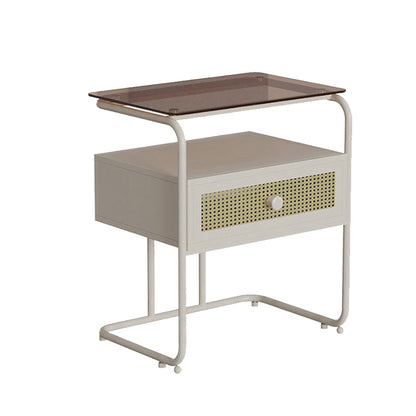 Contemporary Industrial Tempered Glass Iron Rectangular Nightstand 1-Drawer For Bedroom