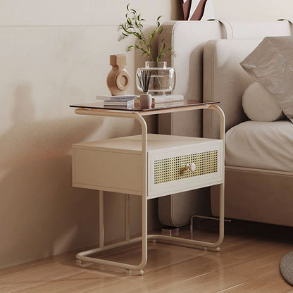Contemporary Industrial Tempered Glass Iron Rectangular Nightstand 1-Drawer For Bedroom