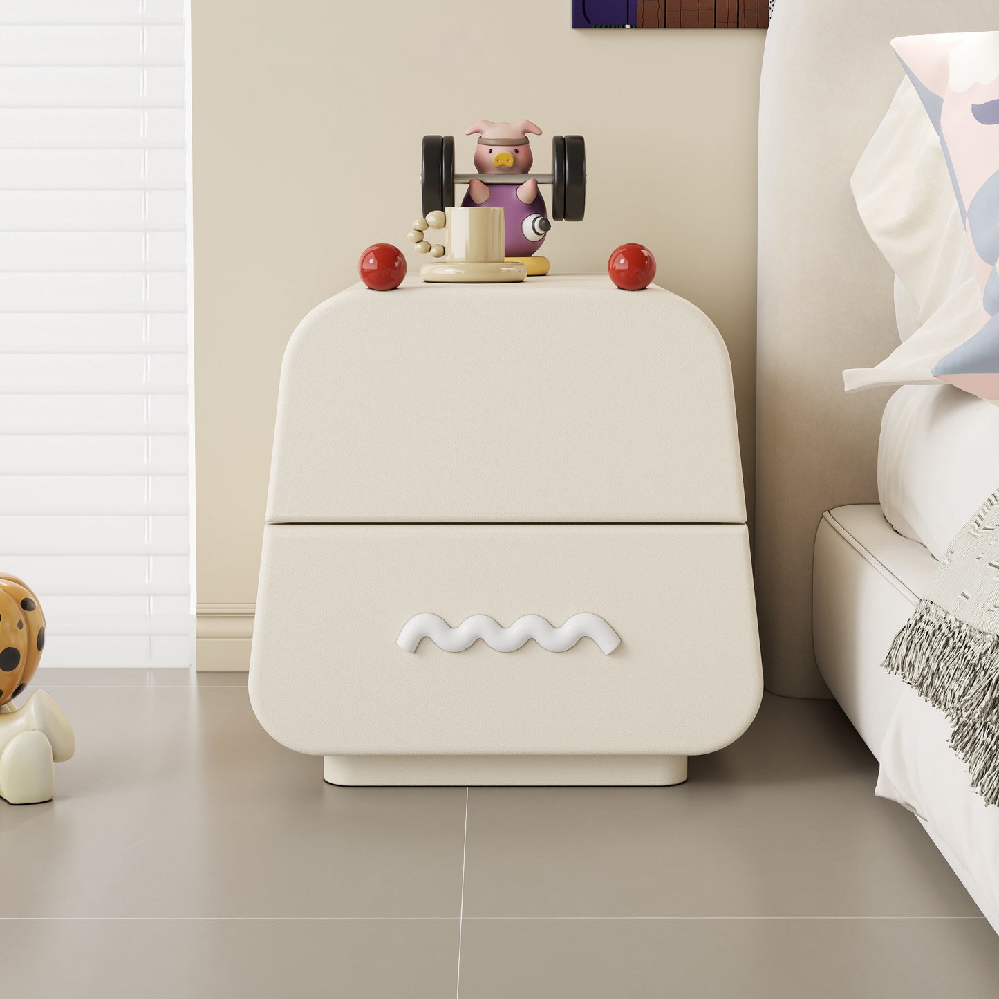 Contemporary Nordic Pine Wood Cat Scratching Leather Solid Wood Multi-Layer Board Trapezoidal Nightstand 2-Drawer For Bedroom