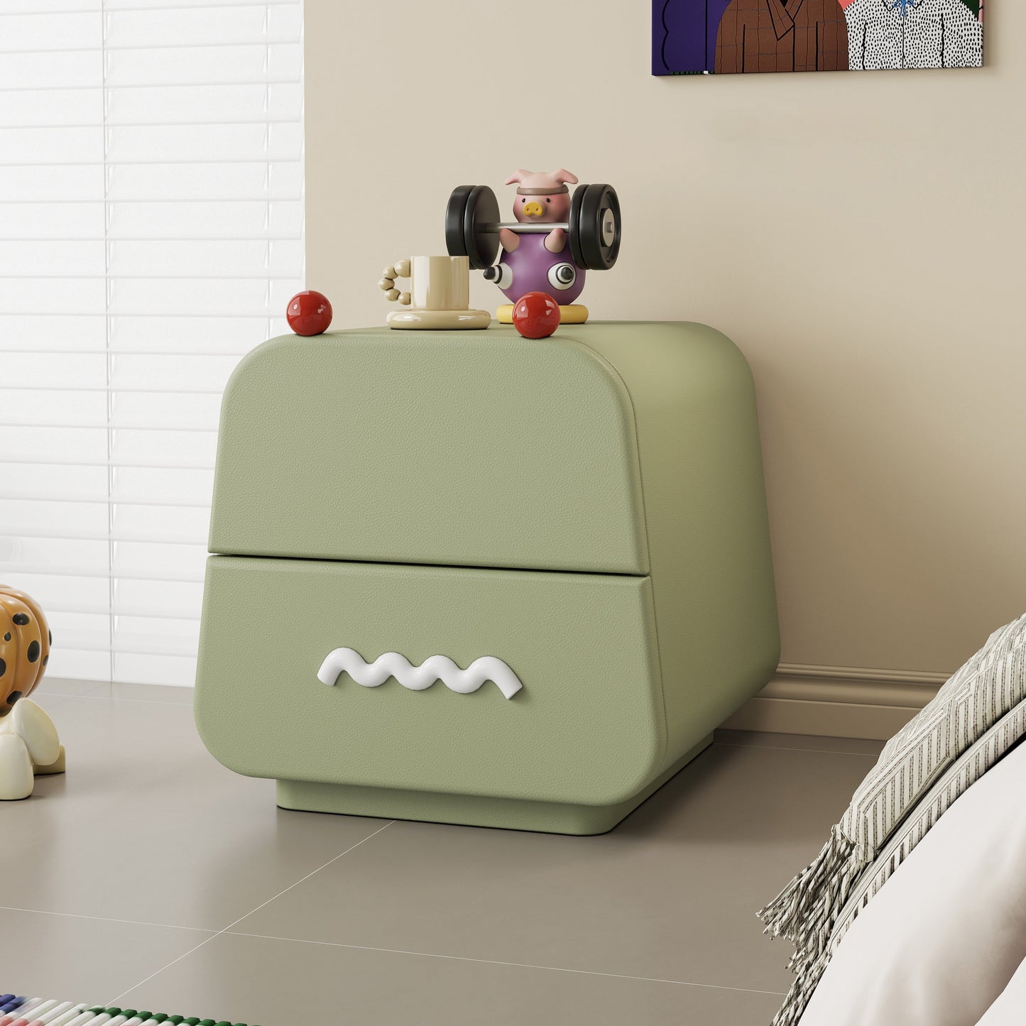 Contemporary Nordic Pine Wood Cat Scratching Leather Solid Wood Multi-Layer Board Trapezoidal Nightstand 2-Drawer For Bedroom