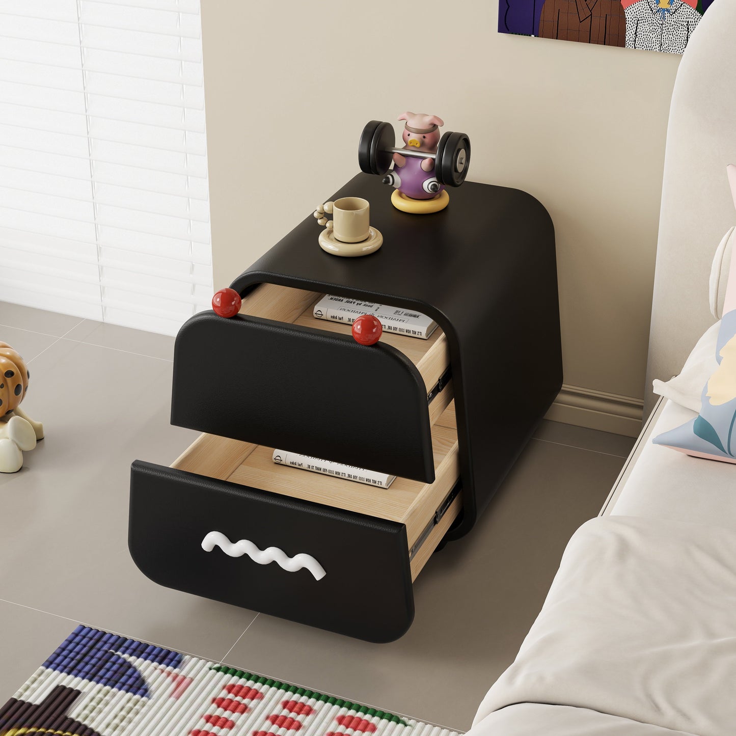Contemporary Nordic Pine Wood Cat Scratching Leather Solid Wood Multi-Layer Board Trapezoidal Nightstand 2-Drawer For Bedroom