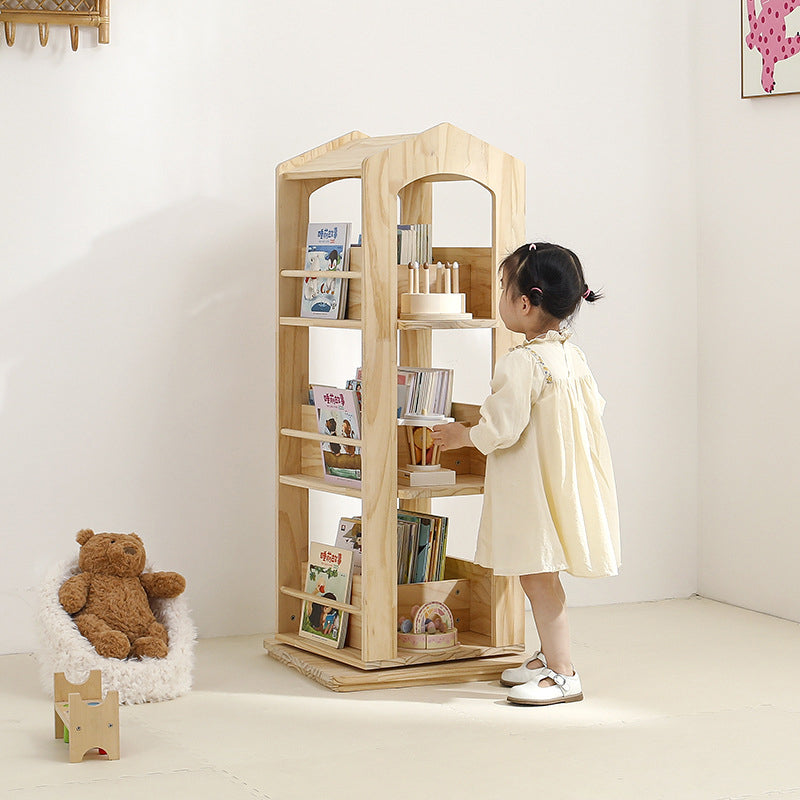 Contemporary Creative House-Shaped Pine Wood Rotatable Kids Floor-Standing Bookshelf 3/4-Tier For Study