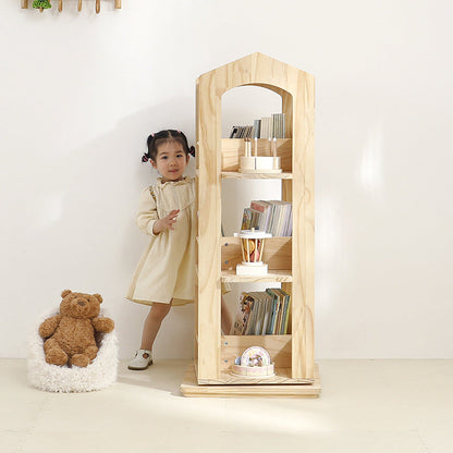Contemporary Creative House-Shaped Pine Wood Rotatable Kids Floor-Standing Bookshelf 3/4-Tier For Study