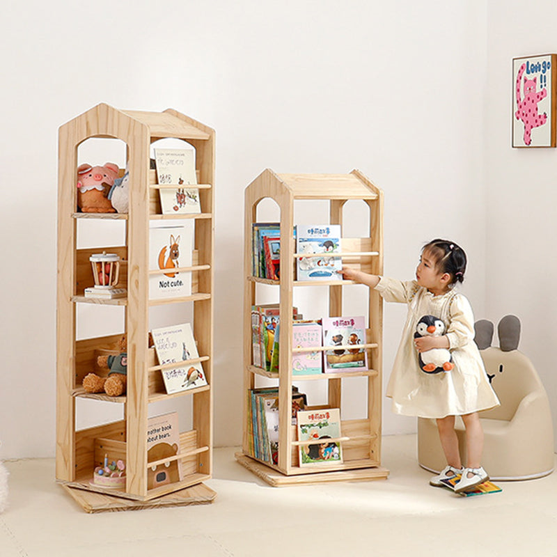 Contemporary Creative House-Shaped Pine Wood Rotatable Kids Floor-Standing Bookshelf 3/4-Tier For Study