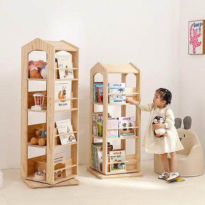 Contemporary Creative House-Shaped Pine Wood Rotatable Kids Floor-Standing Bookshelf 3/4-Tier For Study
