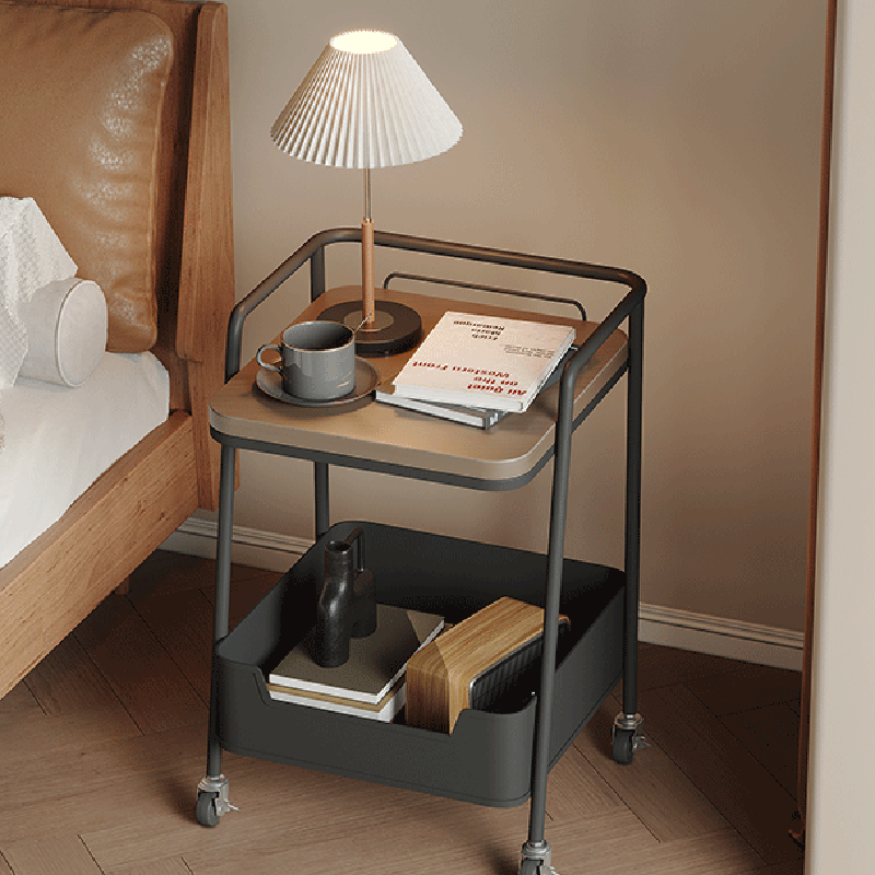 Modern Minimalist Trapezoidal Iron Rock Slab Wooden Board Movable End Table 2-Tier For Living Room