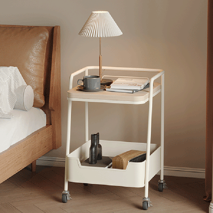 Modern Minimalist Trapezoidal Iron Rock Slab Wooden Board Movable End Table 2-Tier For Living Room