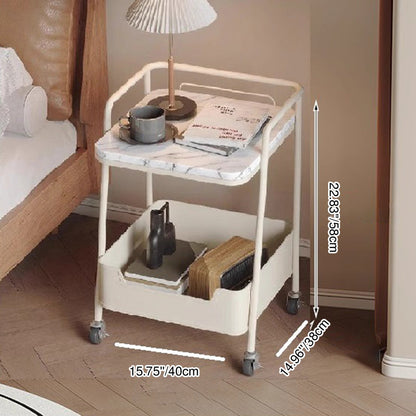 Modern Minimalist Trapezoidal Iron Rock Slab Wooden Board Movable End Table 2-Tier For Living Room