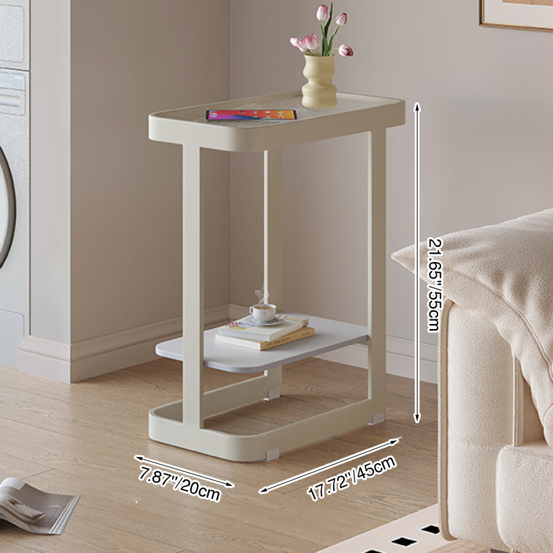 Contemporary Industrial Rectangular Carbon Steel Glass Rock Slab End Table 2 Tier For Living Room