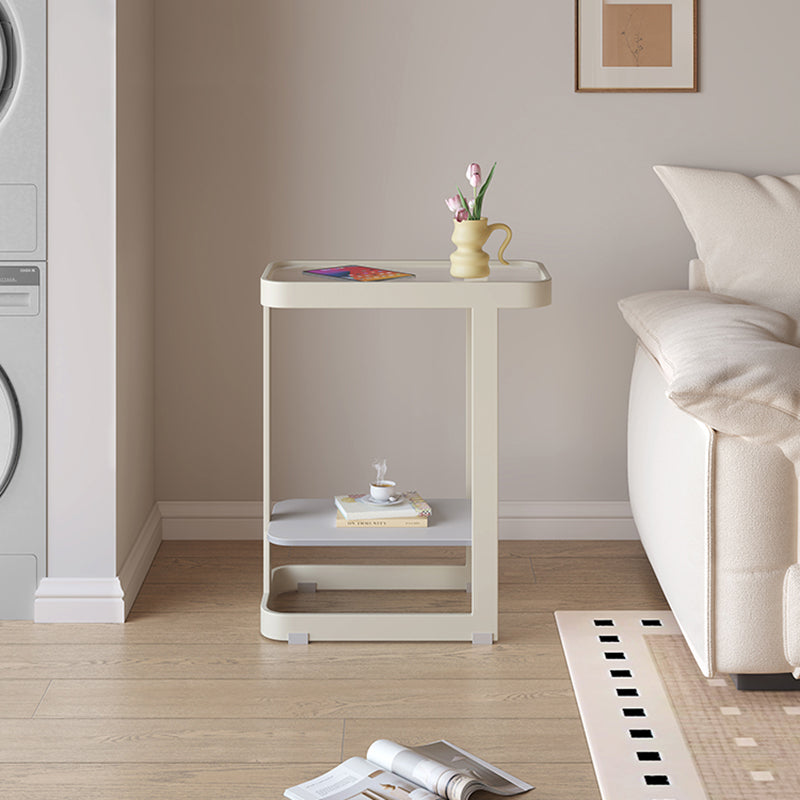 Contemporary Industrial Rectangular Carbon Steel Glass Rock Slab End Table 2 Tier For Living Room