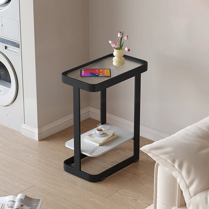Contemporary Industrial Rectangular Carbon Steel Glass Rock Slab End Table 2 Tier For Living Room