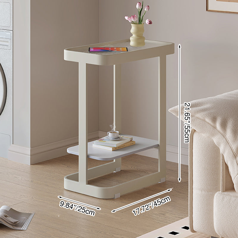 Contemporary Industrial Rectangular Carbon Steel Glass Rock Slab End Table 2 Tier For Living Room