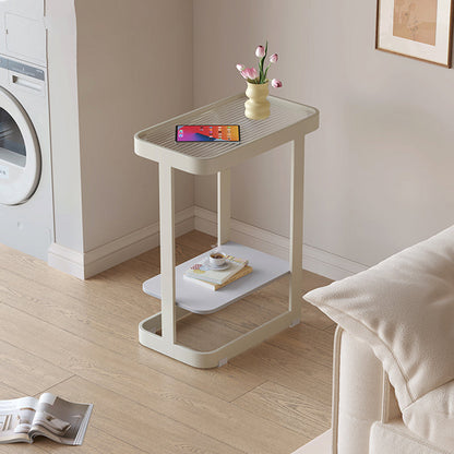 Contemporary Industrial Rectangular Carbon Steel Glass Rock Slab End Table 2 Tier For Living Room