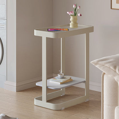 Contemporary Industrial Rectangular Carbon Steel Glass Rock Slab End Table 2 Tier For Living Room