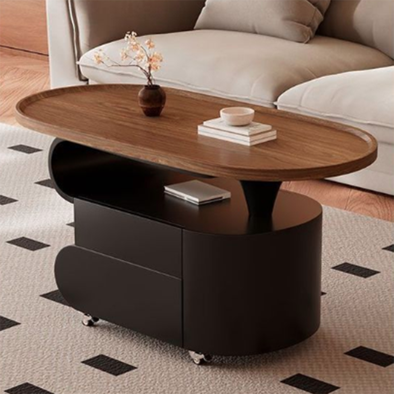 Contemporary Nordic Oval Eco-Friendly Board Carbon Steel Movable Design Coffee Table 2-Drawer For Living Room