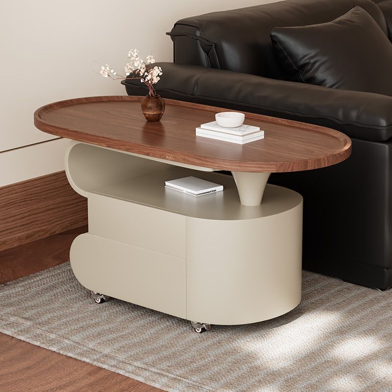 Contemporary Nordic Oval Eco-Friendly Board Carbon Steel Movable Design Coffee Table 2-Drawer For Living Room