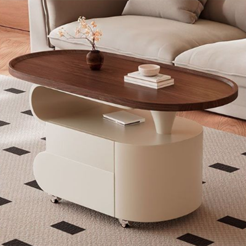 Contemporary Nordic Oval Eco-Friendly Board Carbon Steel Movable Design Coffee Table 2-Drawer For Living Room