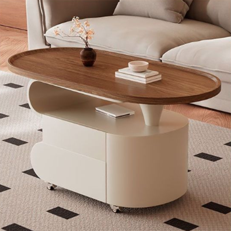 Contemporary Nordic Oval Eco-Friendly Board Carbon Steel Movable Design Coffee Table 2-Drawer For Living Room