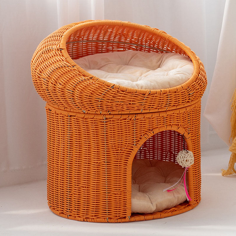 Traditional Rustic Cylindrical PP Faux Rattan & Genuine Rattan Weaving Iron Fleece Cat Bed 2-Tier For Living Room & Bedroom