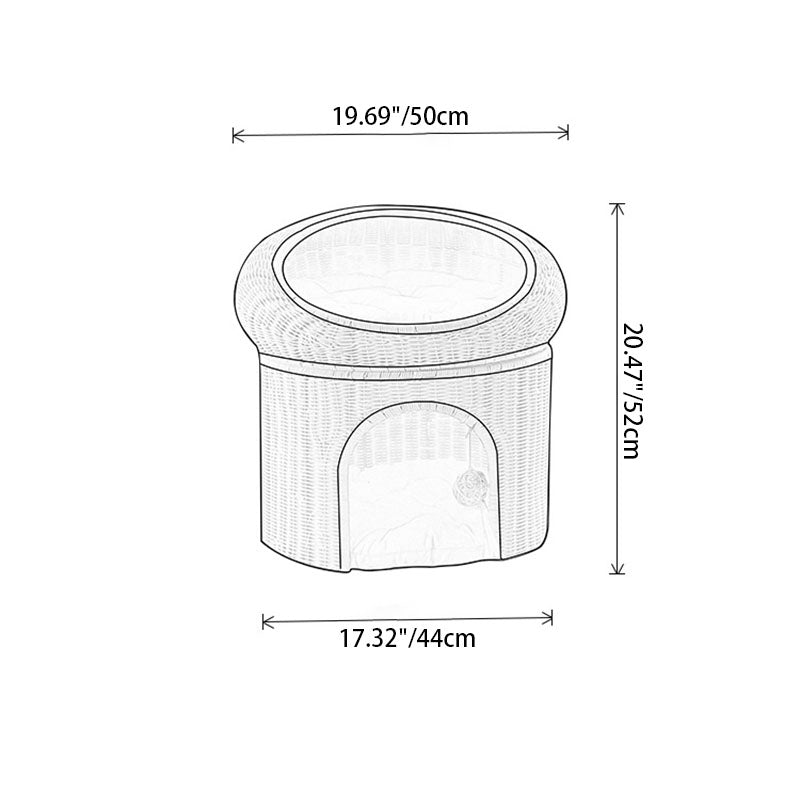 Traditional Rustic Cylindrical PP Faux Rattan & Genuine Rattan Weaving Iron Fleece Cat Bed 2-Tier For Living Room & Bedroom