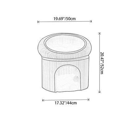 Traditional Rustic Cylindrical PP Faux Rattan & Genuine Rattan Weaving Iron Fleece Cat Bed 2-Tier For Living Room & Bedroom