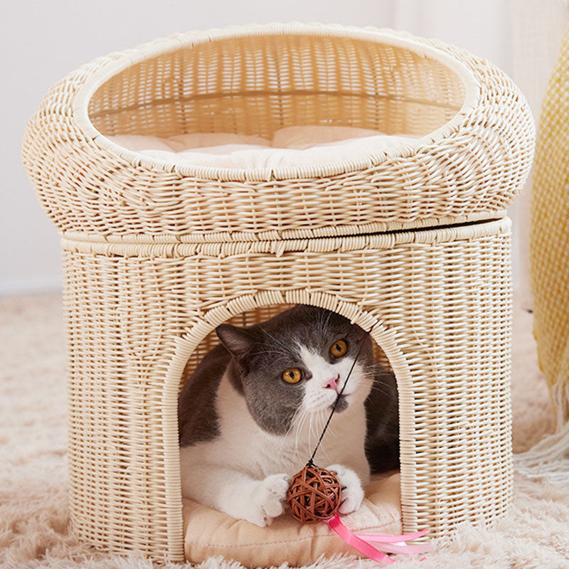 Traditional Rustic Cylindrical PP Faux Rattan & Genuine Rattan Weaving Iron Fleece Cat Bed 2-Tier For Living Room & Bedroom