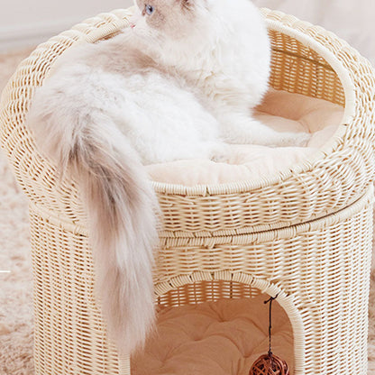 Traditional Rustic Cylindrical PP Faux Rattan & Genuine Rattan Weaving Iron Fleece Cat Bed 2-Tier For Living Room & Bedroom