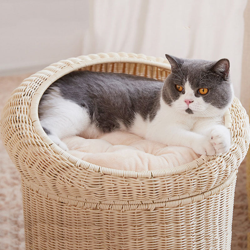 Traditional Rustic Cylindrical PP Faux Rattan & Genuine Rattan Weaving Iron Fleece Cat Bed 2-Tier For Living Room & Bedroom