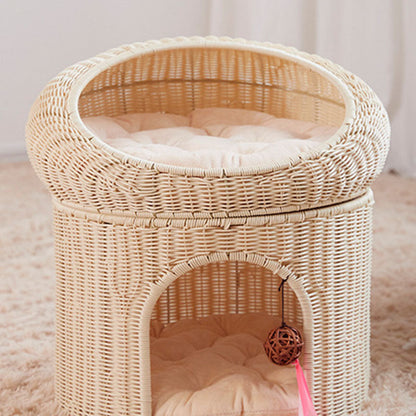 Traditional Rustic Cylindrical PP Faux Rattan & Genuine Rattan Weaving Iron Fleece Cat Bed 2-Tier For Living Room & Bedroom