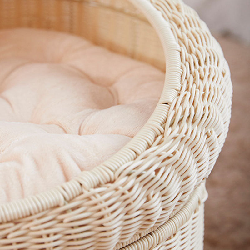 Traditional Rustic Cylindrical PP Faux Rattan & Genuine Rattan Weaving Iron Fleece Cat Bed 2-Tier For Living Room & Bedroom