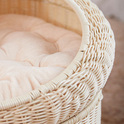 Traditional Rustic Cylindrical PP Faux Rattan & Genuine Rattan Weaving Iron Fleece Cat Bed 2-Tier For Living Room & Bedroom