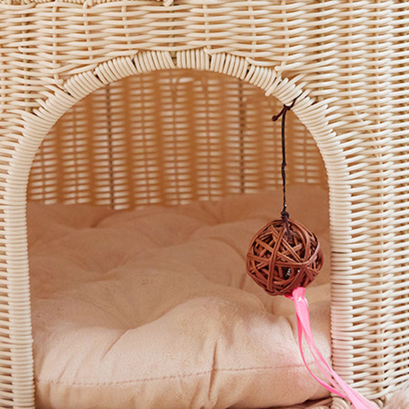 Traditional Rustic Cylindrical PP Faux Rattan & Genuine Rattan Weaving Iron Fleece Cat Bed 2-Tier For Living Room & Bedroom