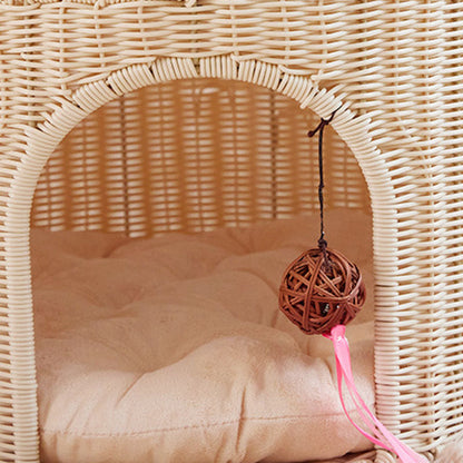 Traditional Rustic Cylindrical PP Faux Rattan & Genuine Rattan Weaving Iron Fleece Cat Bed 2-Tier For Living Room & Bedroom