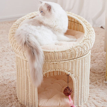 Traditional Rustic Cylindrical PP Faux Rattan & Genuine Rattan Weaving Iron Fleece Cat Bed 2-Tier For Living Room & Bedroom