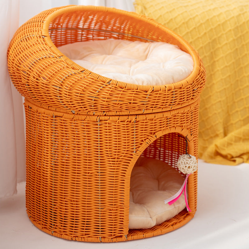 Traditional Rustic Cylindrical PP Faux Rattan & Genuine Rattan Weaving Iron Fleece Cat Bed 2-Tier For Living Room & Bedroom