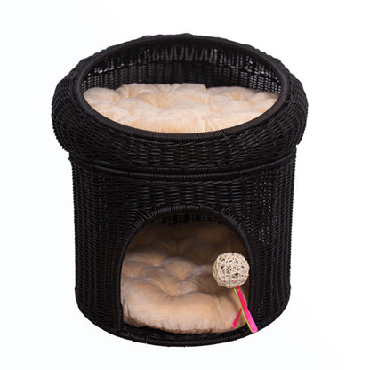 Traditional Rustic Cylindrical PP Faux Rattan & Genuine Rattan Weaving Iron Fleece Cat Bed 2-Tier For Living Room & Bedroom