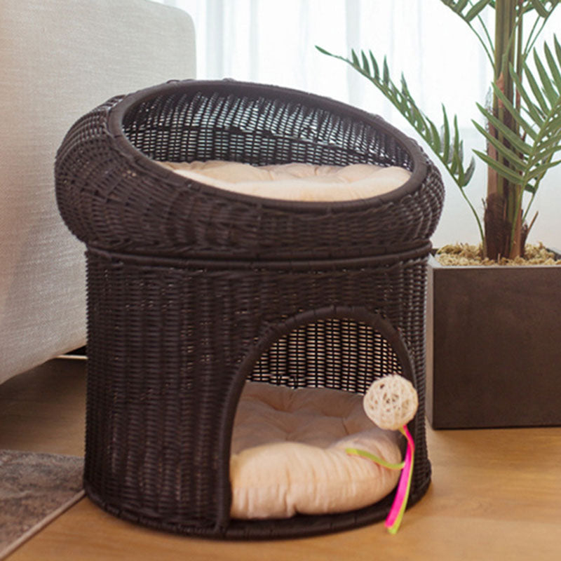 Traditional Rustic Cylindrical PP Faux Rattan & Genuine Rattan Weaving Iron Fleece Cat Bed 2-Tier For Living Room & Bedroom