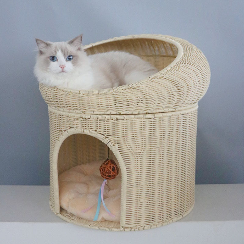 Traditional Rustic Cylindrical PP Faux Rattan & Genuine Rattan Weaving Iron Fleece Cat Bed 2-Tier For Living Room & Bedroom