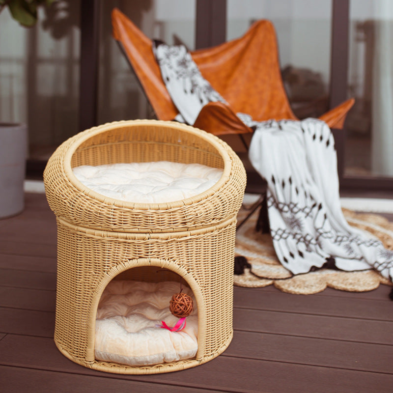 Traditional Rustic Cylindrical PP Faux Rattan & Genuine Rattan Weaving Iron Fleece Cat Bed 2-Tier For Living Room & Bedroom