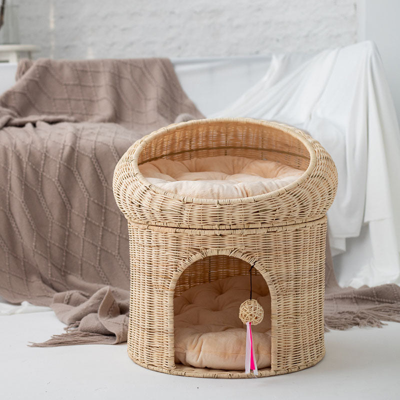 Traditional Rustic Cylindrical PP Faux Rattan & Genuine Rattan Weaving Iron Fleece Cat Bed 2-Tier For Living Room & Bedroom