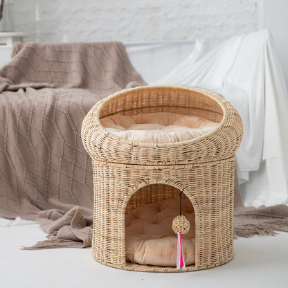 Traditional Rustic Cylindrical PP Faux Rattan & Genuine Rattan Weaving Iron Fleece Cat Bed 2-Tier For Living Room & Bedroom