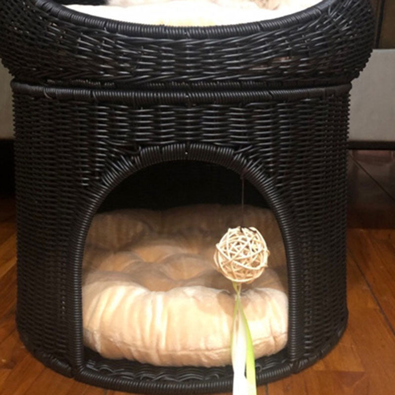 Traditional Rustic Cylindrical PP Faux Rattan & Genuine Rattan Weaving Iron Fleece Cat Bed 2-Tier For Living Room & Bedroom
