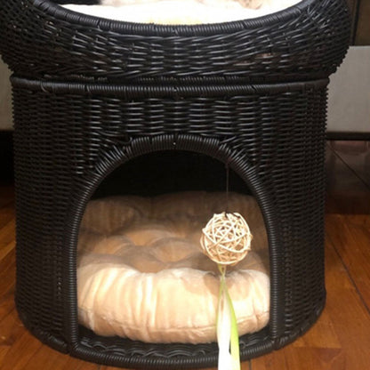 Traditional Rustic Cylindrical PP Faux Rattan & Genuine Rattan Weaving Iron Fleece Cat Bed 2-Tier For Living Room & Bedroom