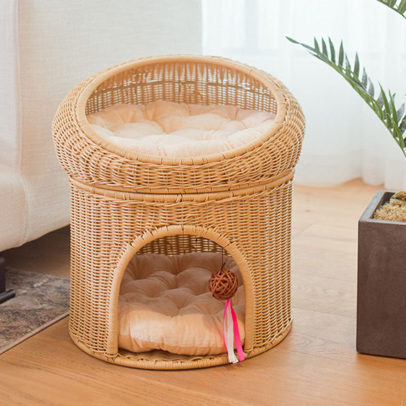 Traditional Rustic Cylindrical PP Faux Rattan & Genuine Rattan Weaving Iron Fleece Cat Bed 2-Tier For Living Room & Bedroom