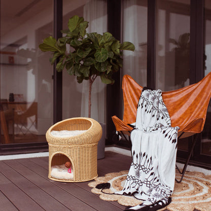 Traditional Rustic Cylindrical PP Faux Rattan & Genuine Rattan Weaving Iron Fleece Cat Bed 2-Tier For Living Room & Bedroom