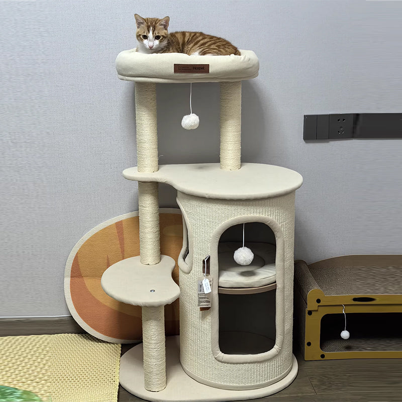 Contemporary Boho Tree-Shaped Natural Sisal Plywood Cotton-Linen Fabric PP Cotton Cat Tower 5-Tier For Living Room & Balcony