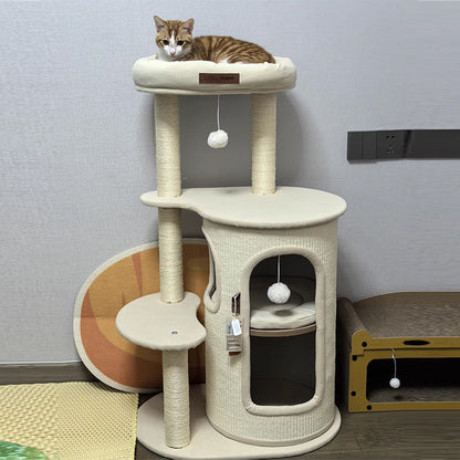 Contemporary Boho Tree-Shaped Natural Sisal Plywood Cotton-Linen Fabric PP Cotton Cat Tower 5-Tier For Living Room & Balcony
