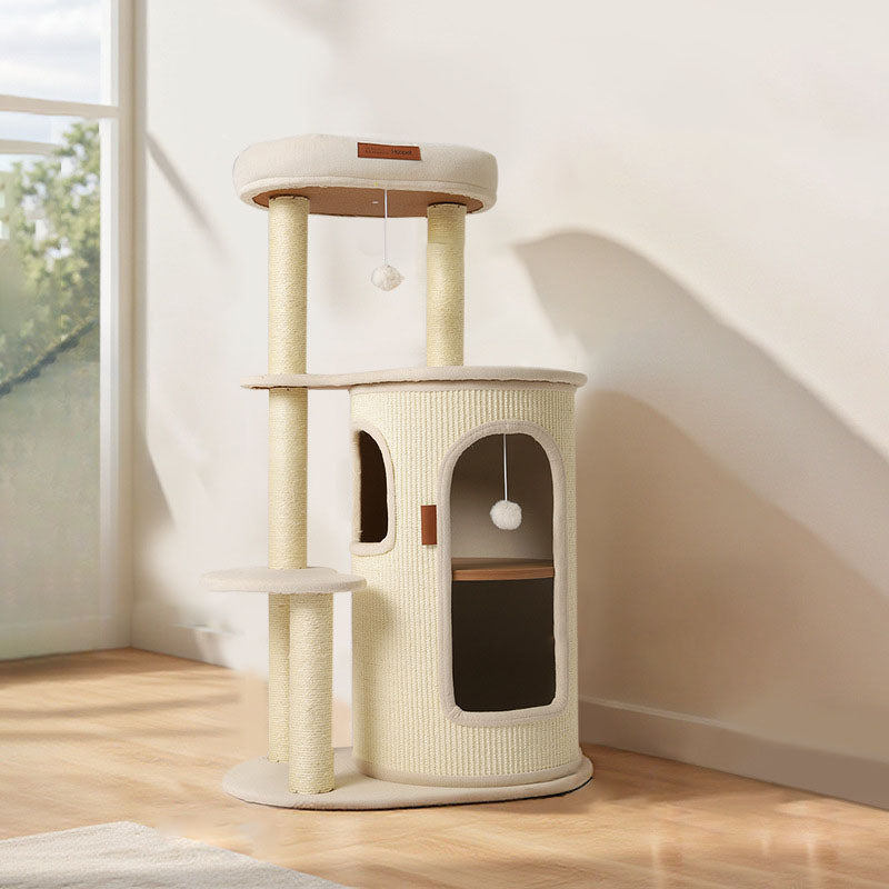 Contemporary Boho Tree-Shaped Natural Sisal Plywood Cotton-Linen Fabric PP Cotton Cat Tower 5-Tier For Living Room & Balcony