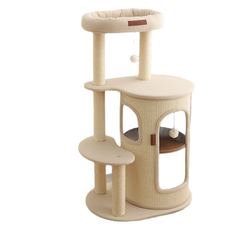 Contemporary Boho Tree-Shaped Natural Sisal Plywood Cotton-Linen Fabric PP Cotton Cat Tower 5-Tier For Living Room & Balcony