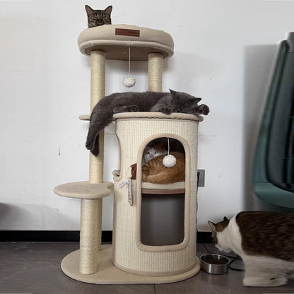 Contemporary Boho Tree-Shaped Natural Sisal Plywood Cotton-Linen Fabric PP Cotton Cat Tower 5-Tier For Living Room & Balcony